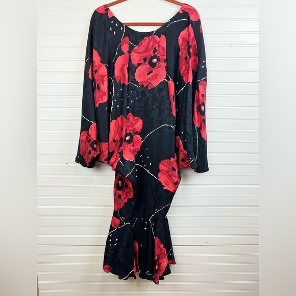 Saint Romei Vintage 80’s Dress Midi Pure Silk Black Red Floral Print Sz 10 - Picture 1 of 12